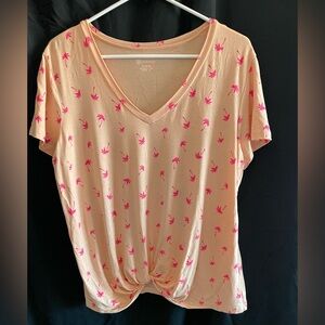 Women’s Peach V-Neck Palm Print Top with Knot Detail